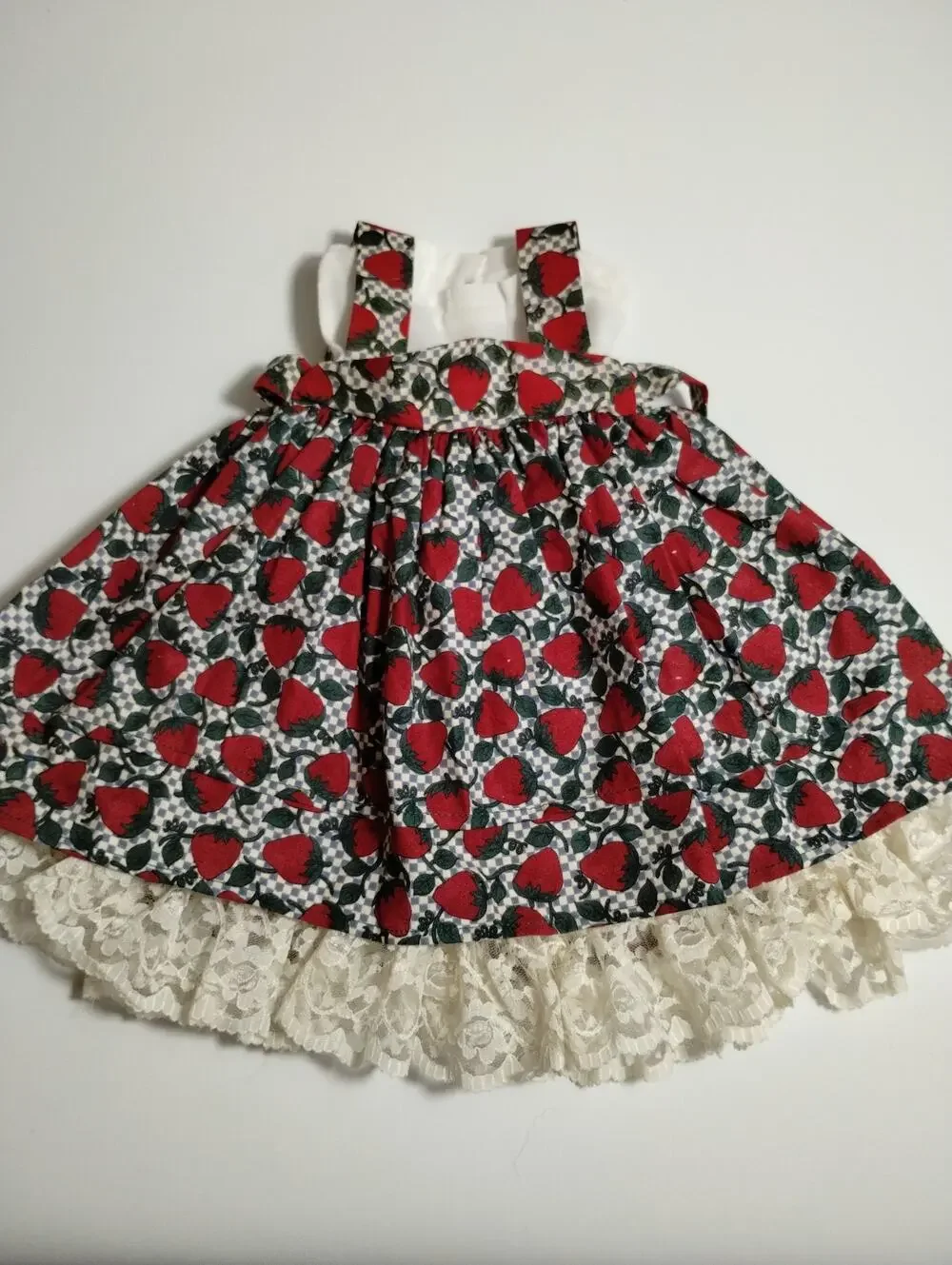 Vintage Doll Apron Dress -Strawberries - over White Slip Dress - 12